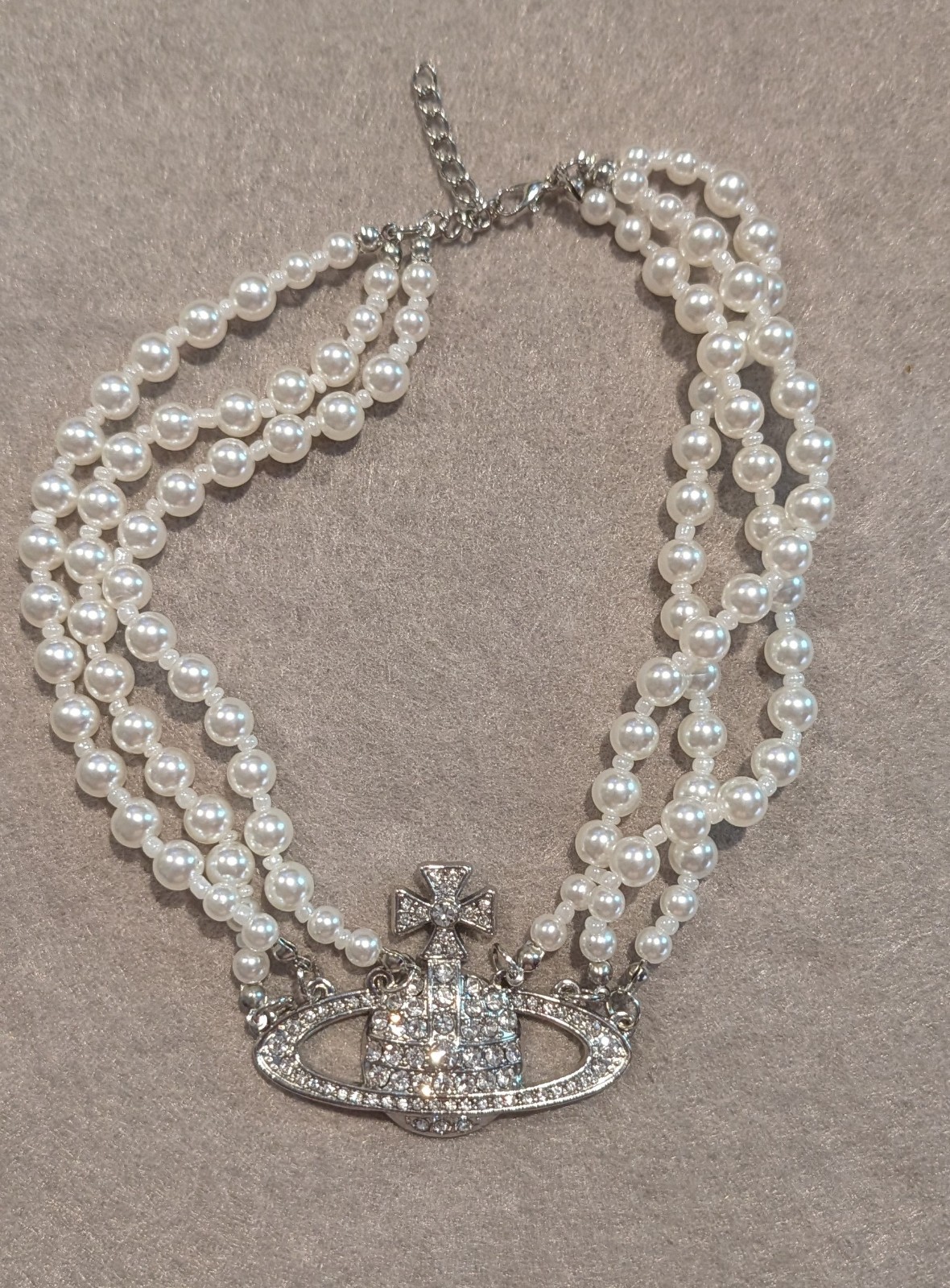 Vivienne Westwood Choker Necklace Three Row Pearl Bas Relief Crystal Saturn Orb