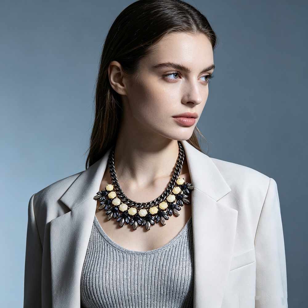 Bold Black Gold Plated Synthetic Stone Bib Choker Statement Necklace For Ladies