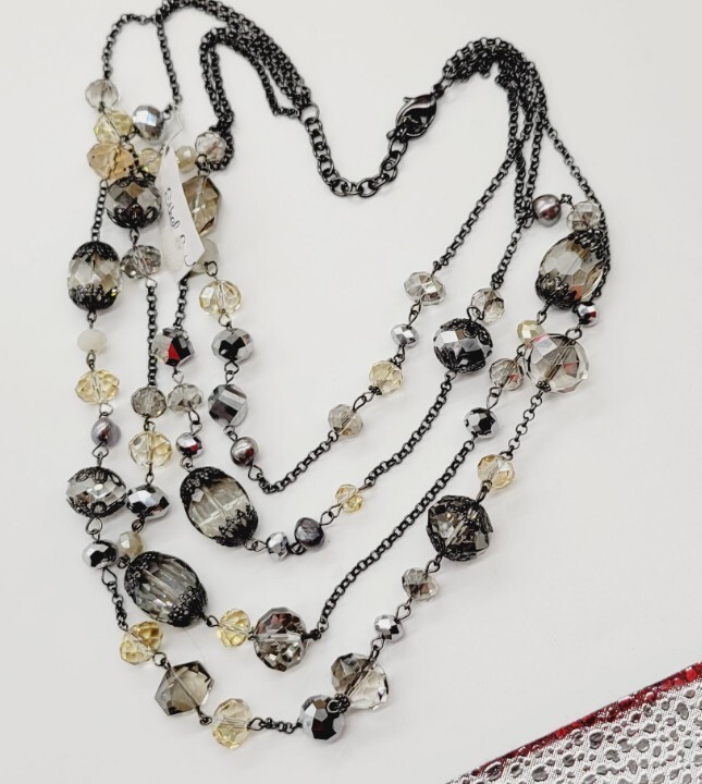 Black & Grey Beaded Multi Chain Layered NECKLACE Rocker 21″