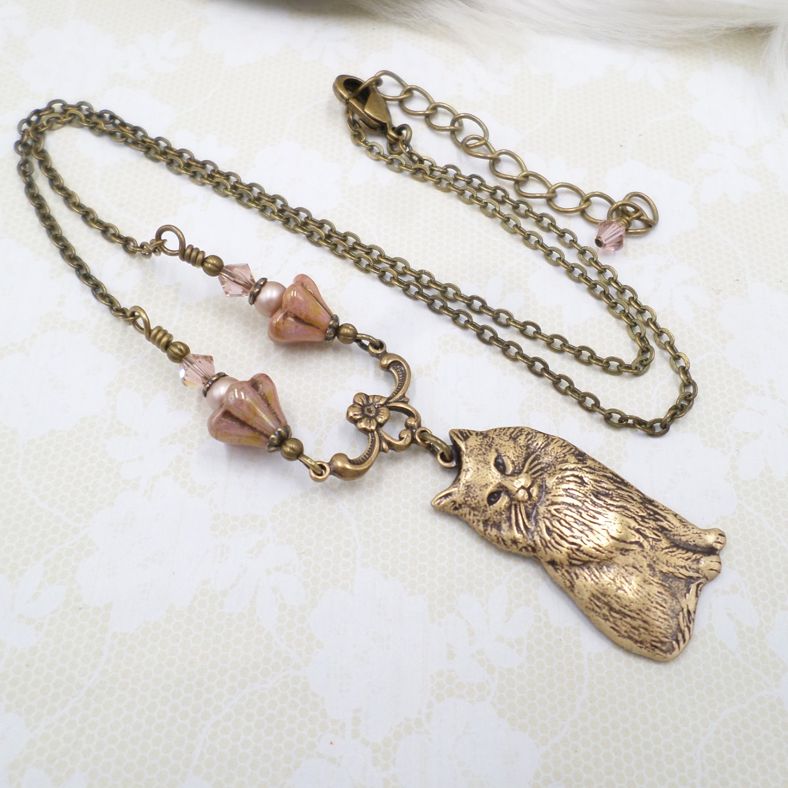 Vintage Style Cat Necklace with Pink Czech Glass Flowers, Antique Brass Handmade