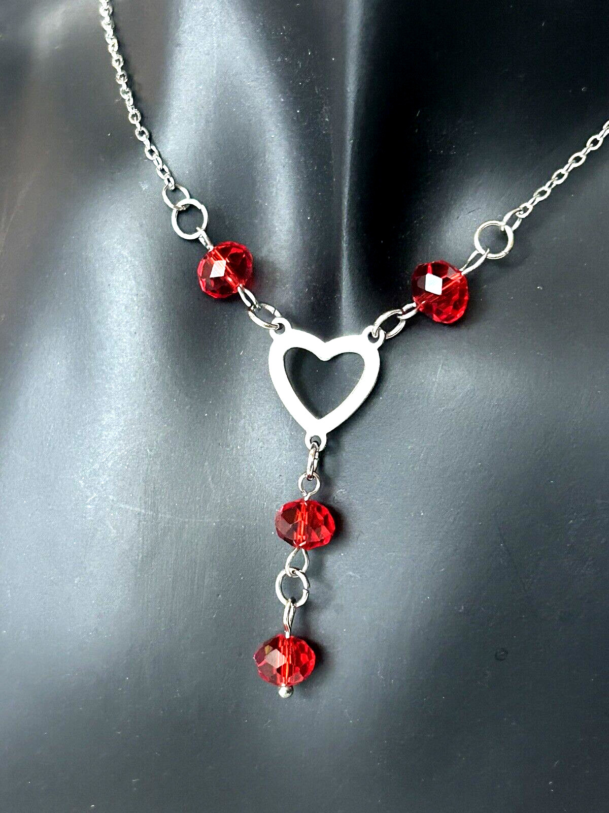 Cherry Red Glass Beaded HEART Y-Drop Necklace Stainless Steel- YOU CHOOSE LENGTH