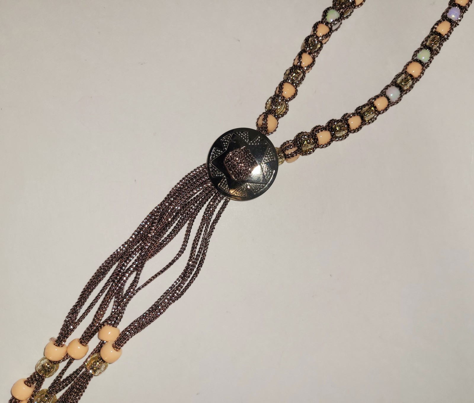 Vintage Western Bolo Tie Brown Silver Cord Silver Tone Concho Beaded Necklace