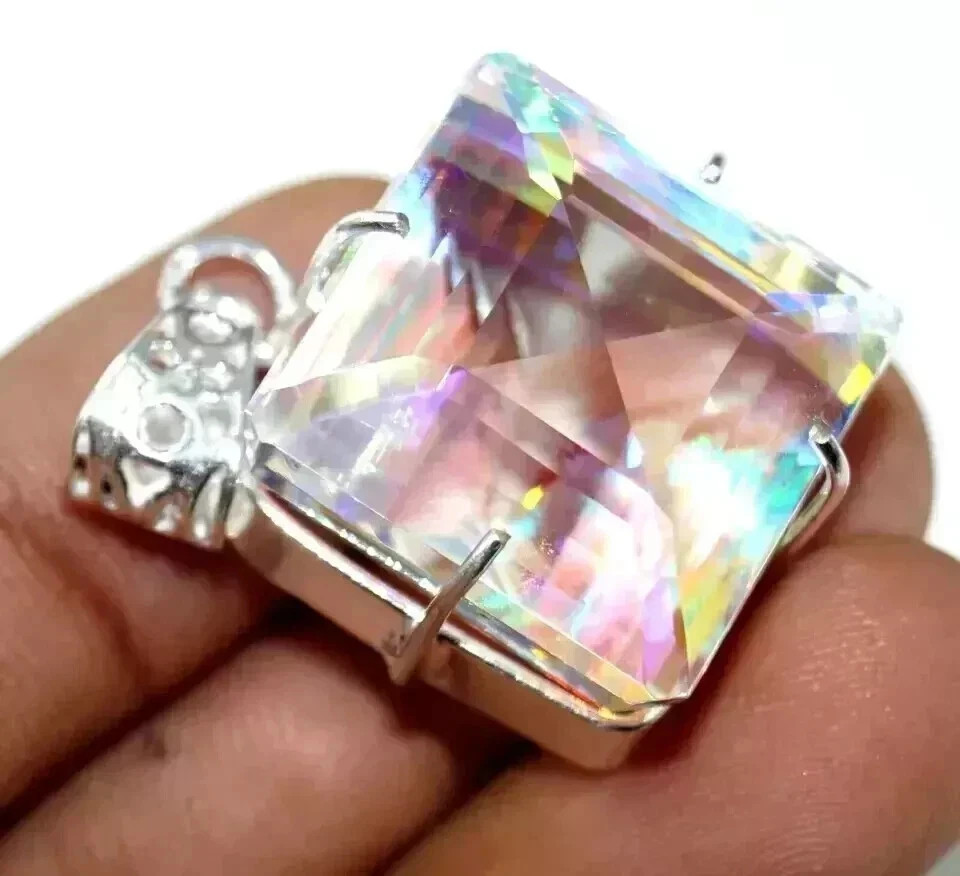60 CT+ Flawless Rainbow Fire Mystic Topaz Pendant 925 Sterling Silver Plated
