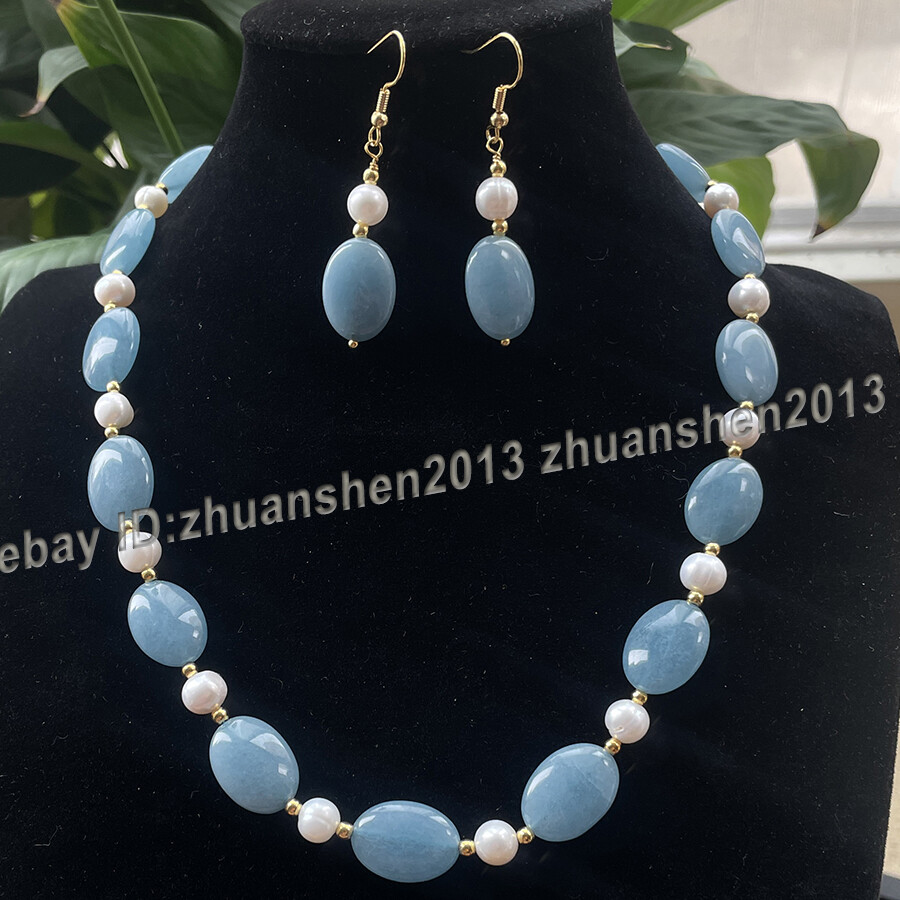 13x18mm Oval Blue Aquamarine Gems White Pearl Hook Earrings+ Necklace Set 14-28″
