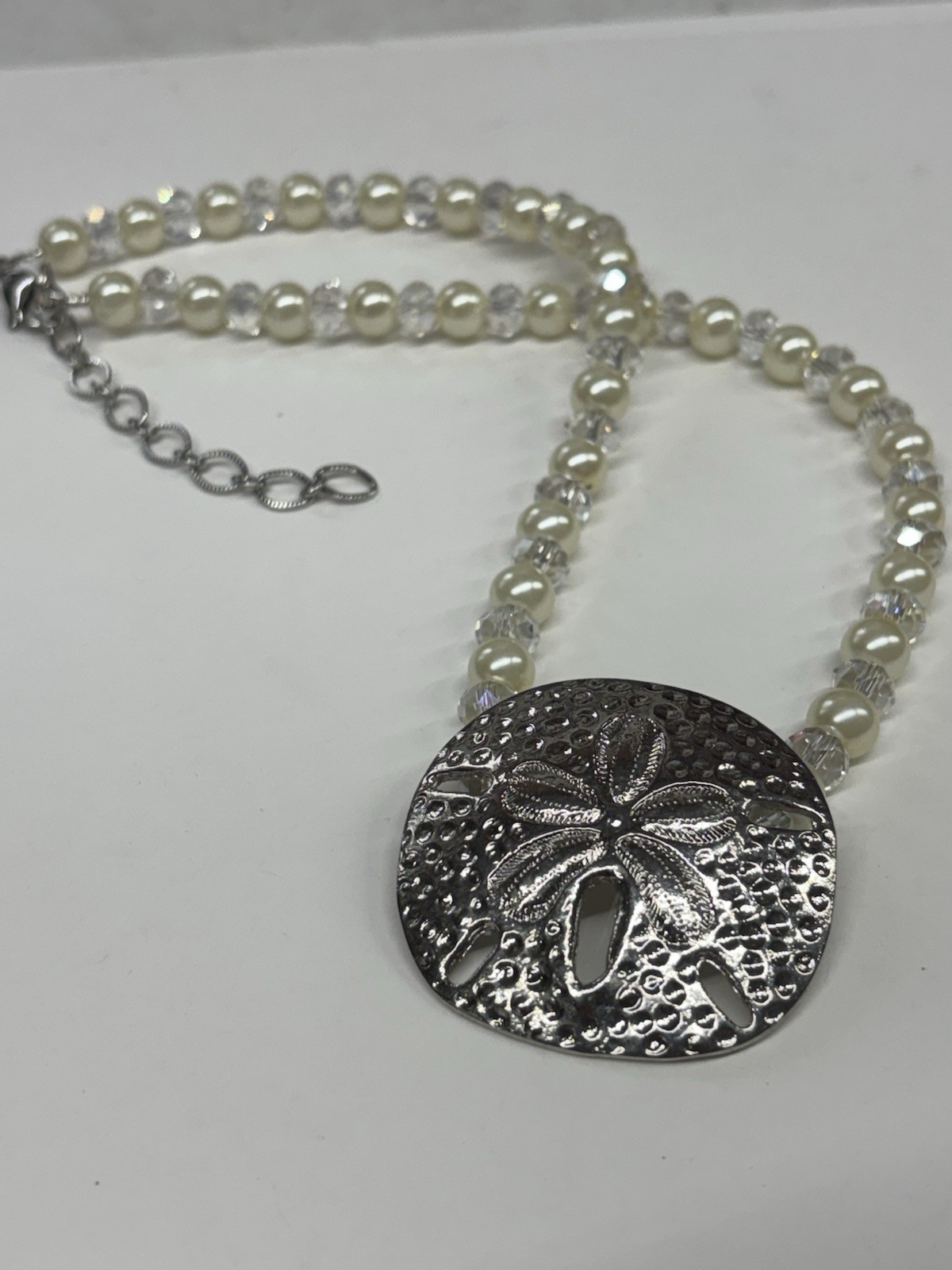 Sand Dollar Silver Necklace 18+3”Pearl Crystal Coastal Sea Life Jewelry NEW