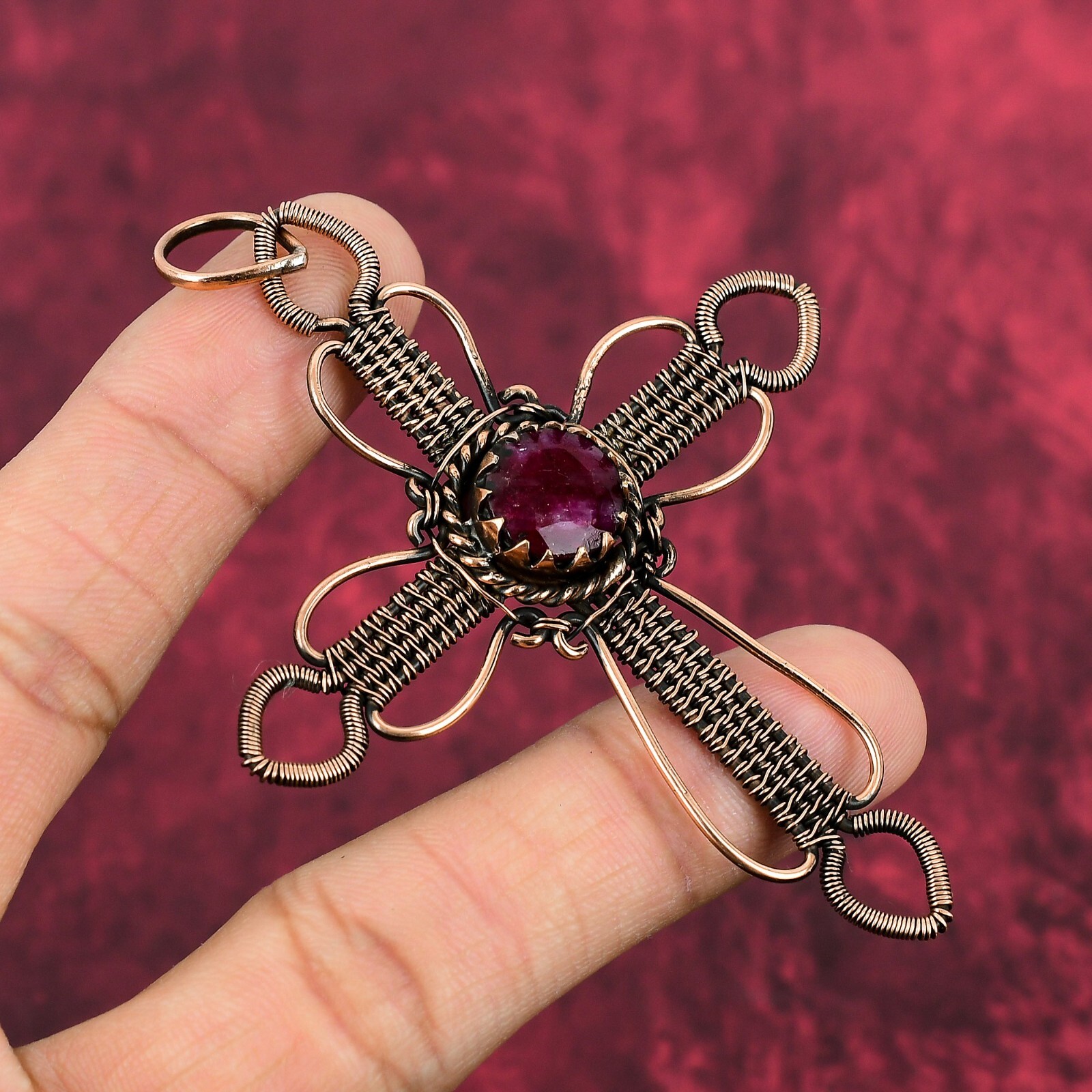 Faceted Kashmir Rubi Gemstone Pendant Copper Wire Wrapped Jewelry Cross Pendant