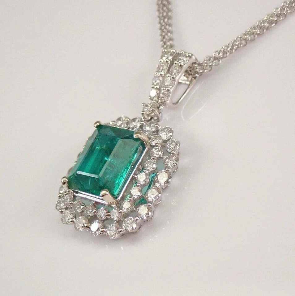 3.16 Ct Emerald Cut Emerald Pendant Wedding Pendant 14K White Gold Solid