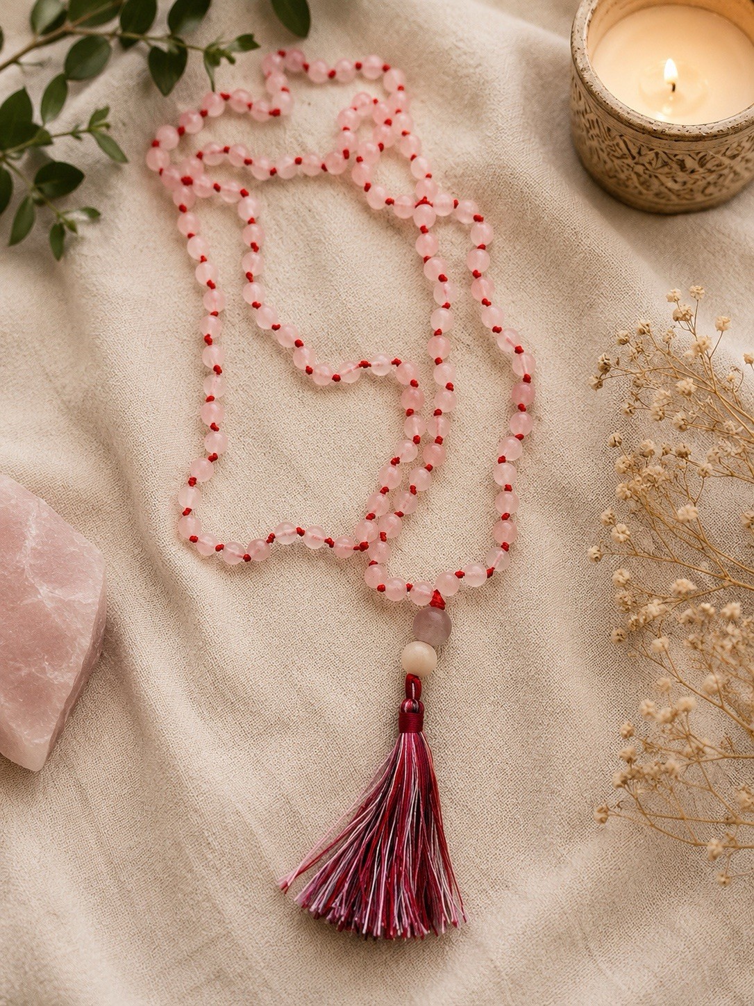 Pink Rose Quartz Mala Necklace | 6mm Knotted Gemstone Beads | Heart Chakra