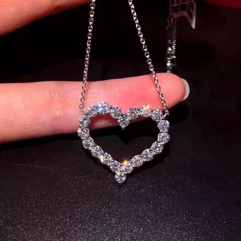 925 Sterling Silver Plated Open Heart Pendant Necklace Cubic CZ Love 17″ N38