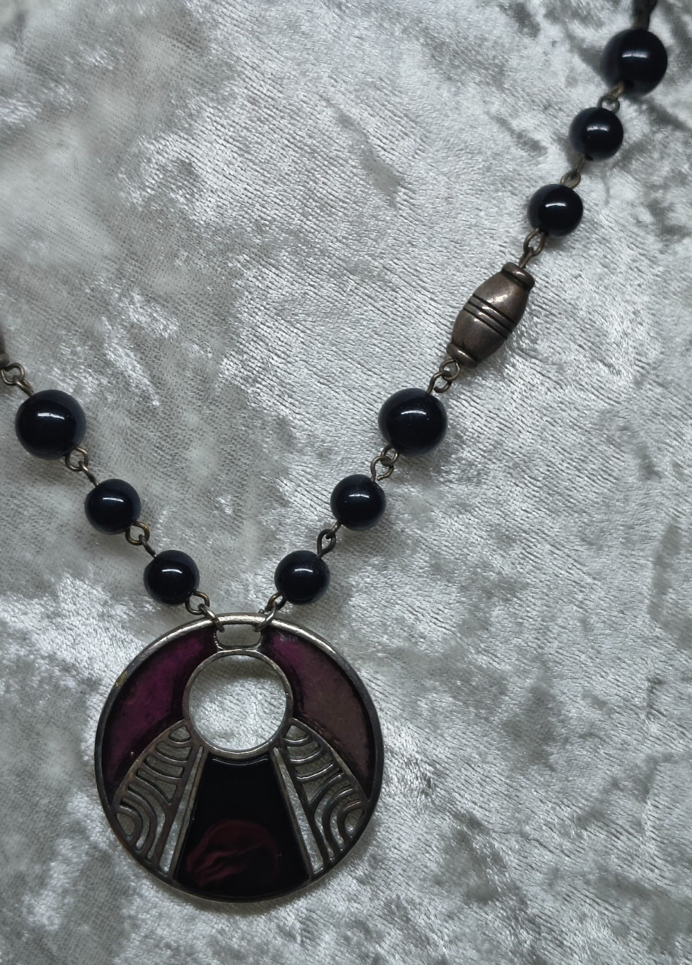 Art Deco Style Pendant Necklace Purple Black Beads Silver Tone 42 – 46cm Boho
