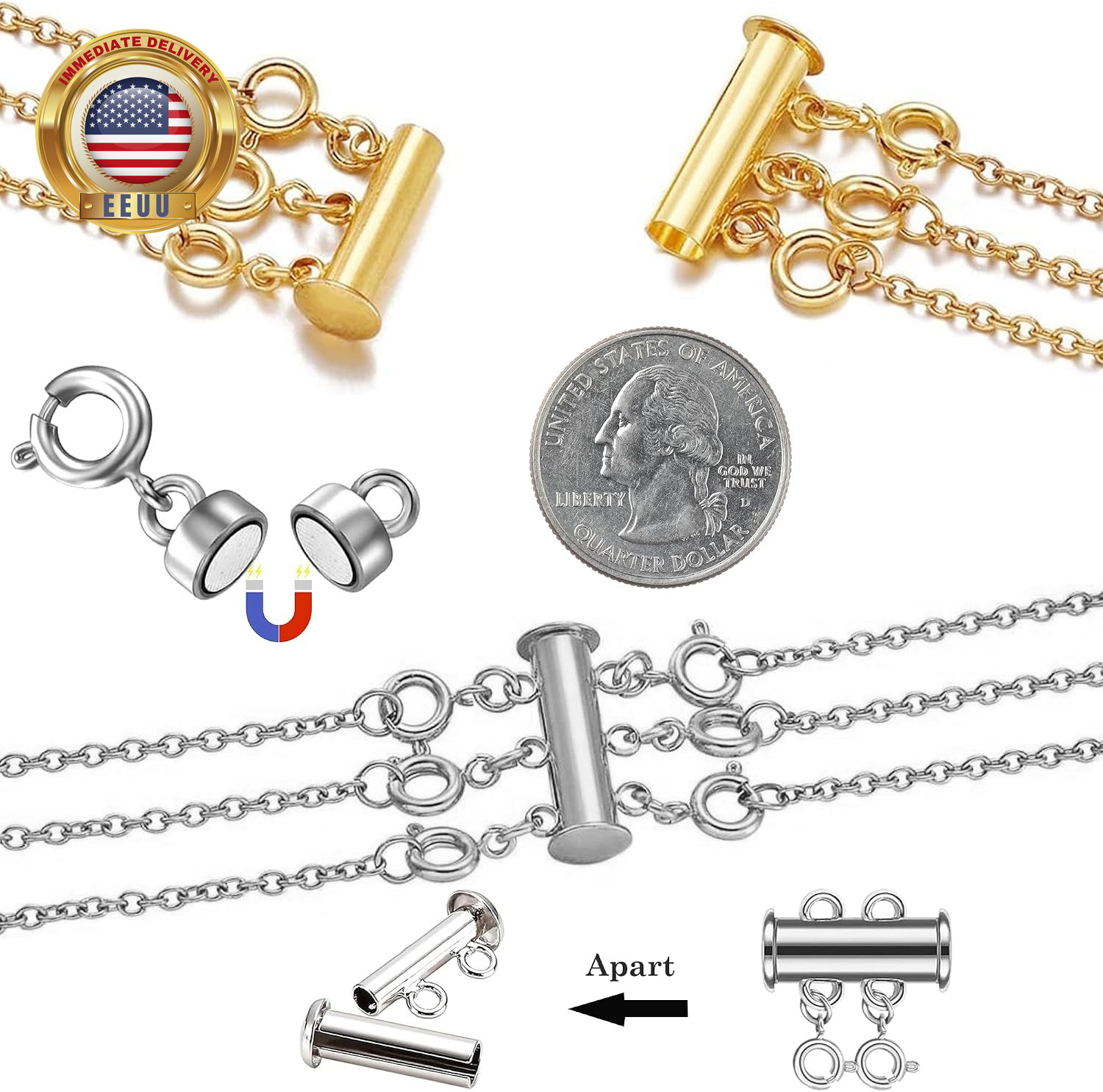 Magnetic Necklace Clasp and Chain Extender for Layering, Gold and Silver Jewelry
