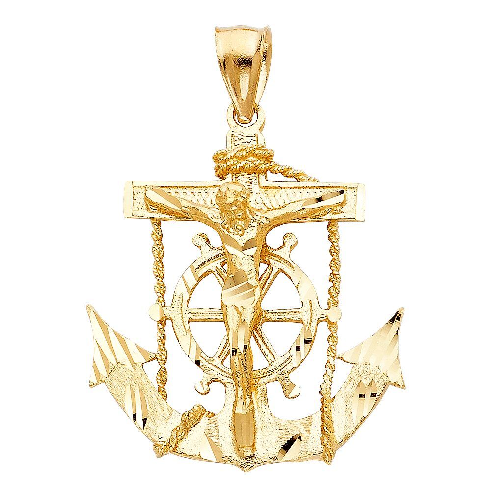 14K Yellow Gold Mariner Crucifix Charm Pendant & 3.8mm Figaro 3+1 Chain Necklace