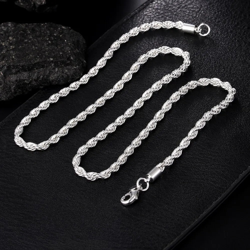 4MM Rope Chain Necklace 925 Sterling Silver Fashion Jewelry for Women Men Gift
