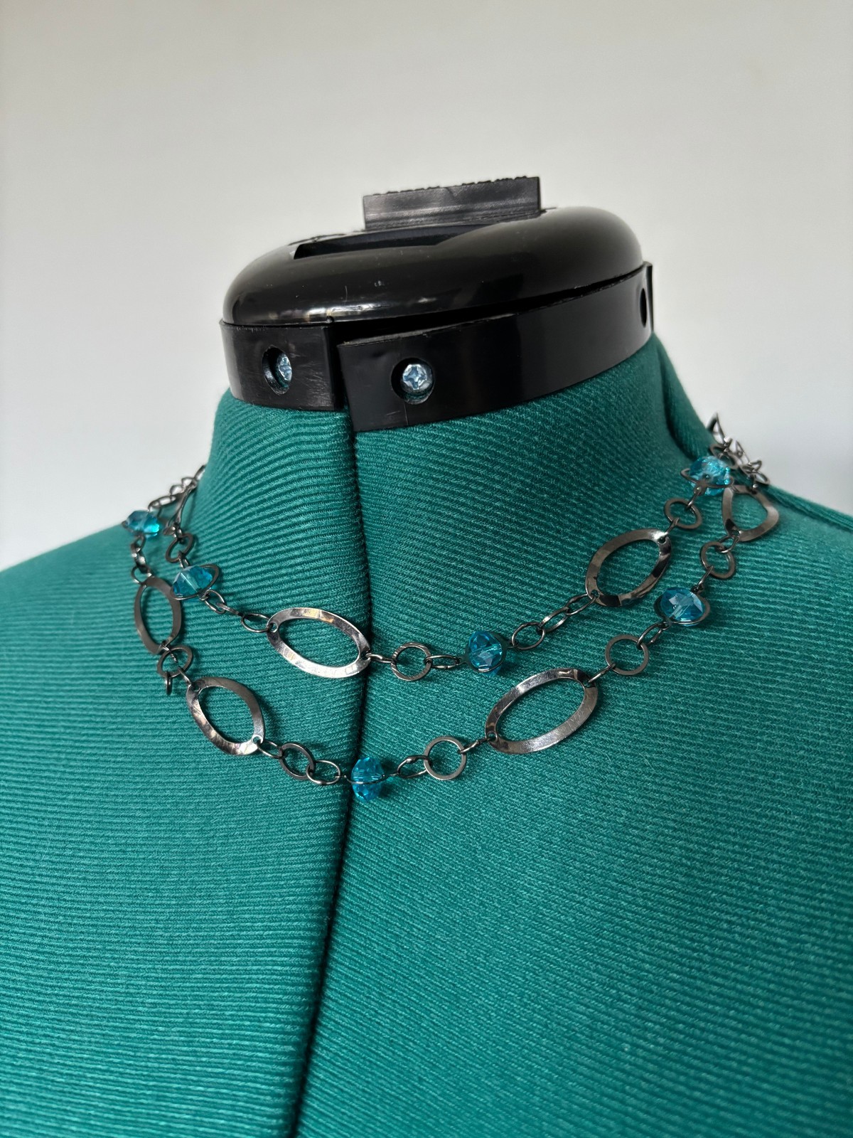 Gunmetal Gray Large Oval Link Station Necklace Blue Faceted Beads 36 inches
