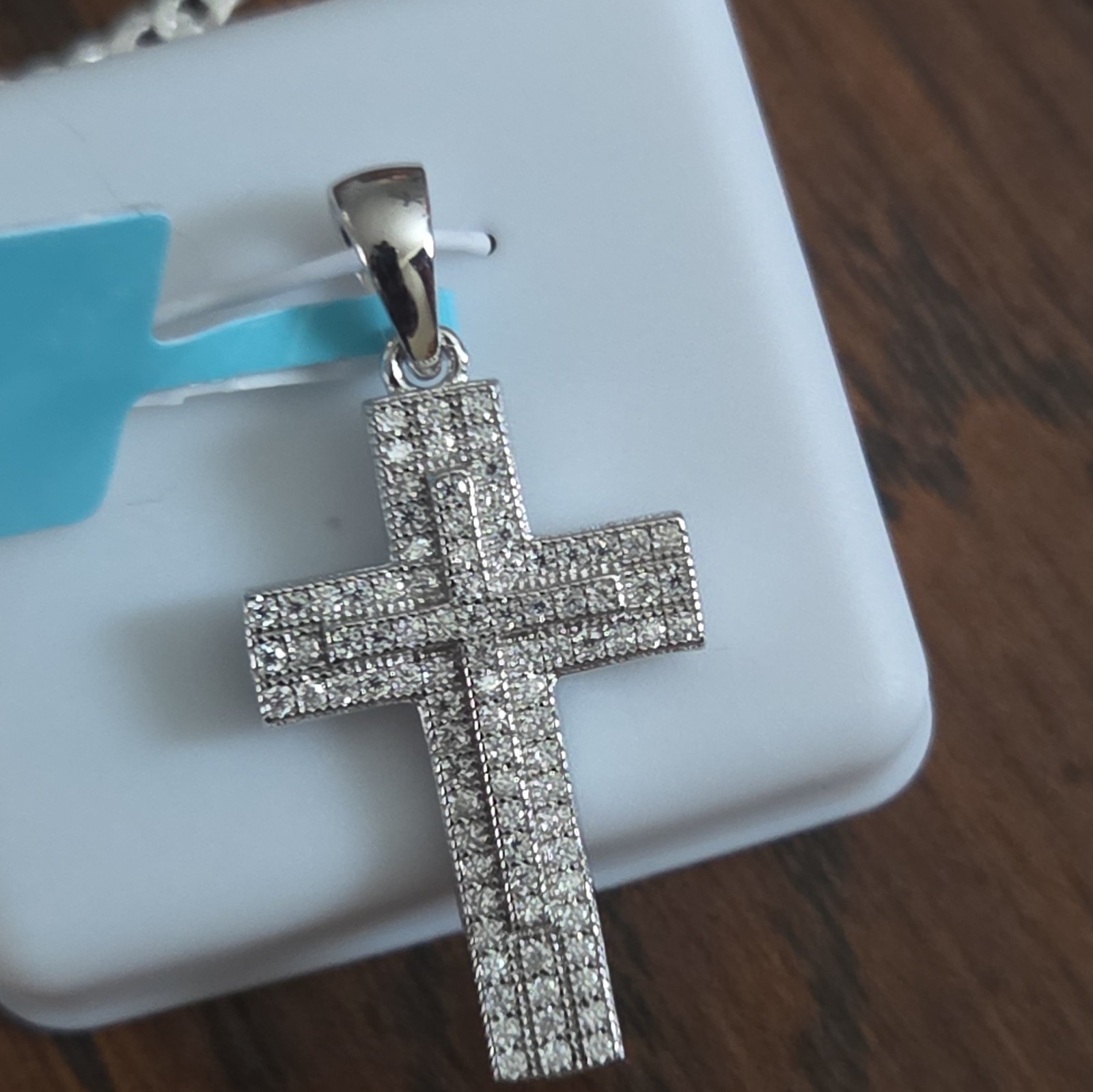 925 Silver Moissanite Pavé Round Cross Charm Pendant Box Chain Necklace Lobster