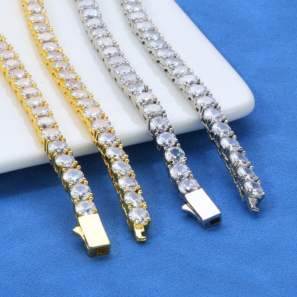 Hip Hop Tennis Chain Necklace 18K Real Gold Plated Full 5A Zircon Spring Clasp