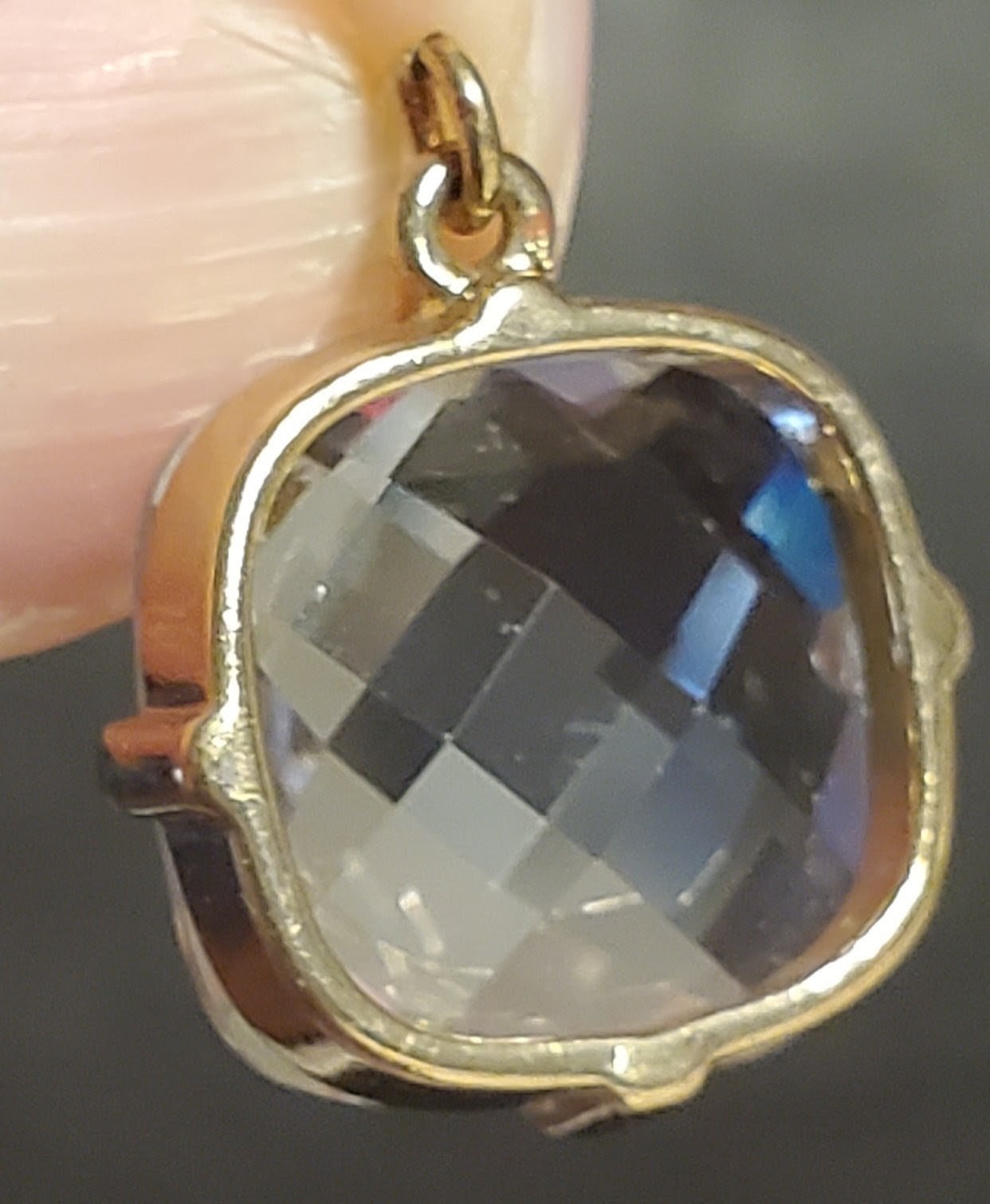 Gold Tone White Colorless Checkerboard Glass Prong Set Pendant