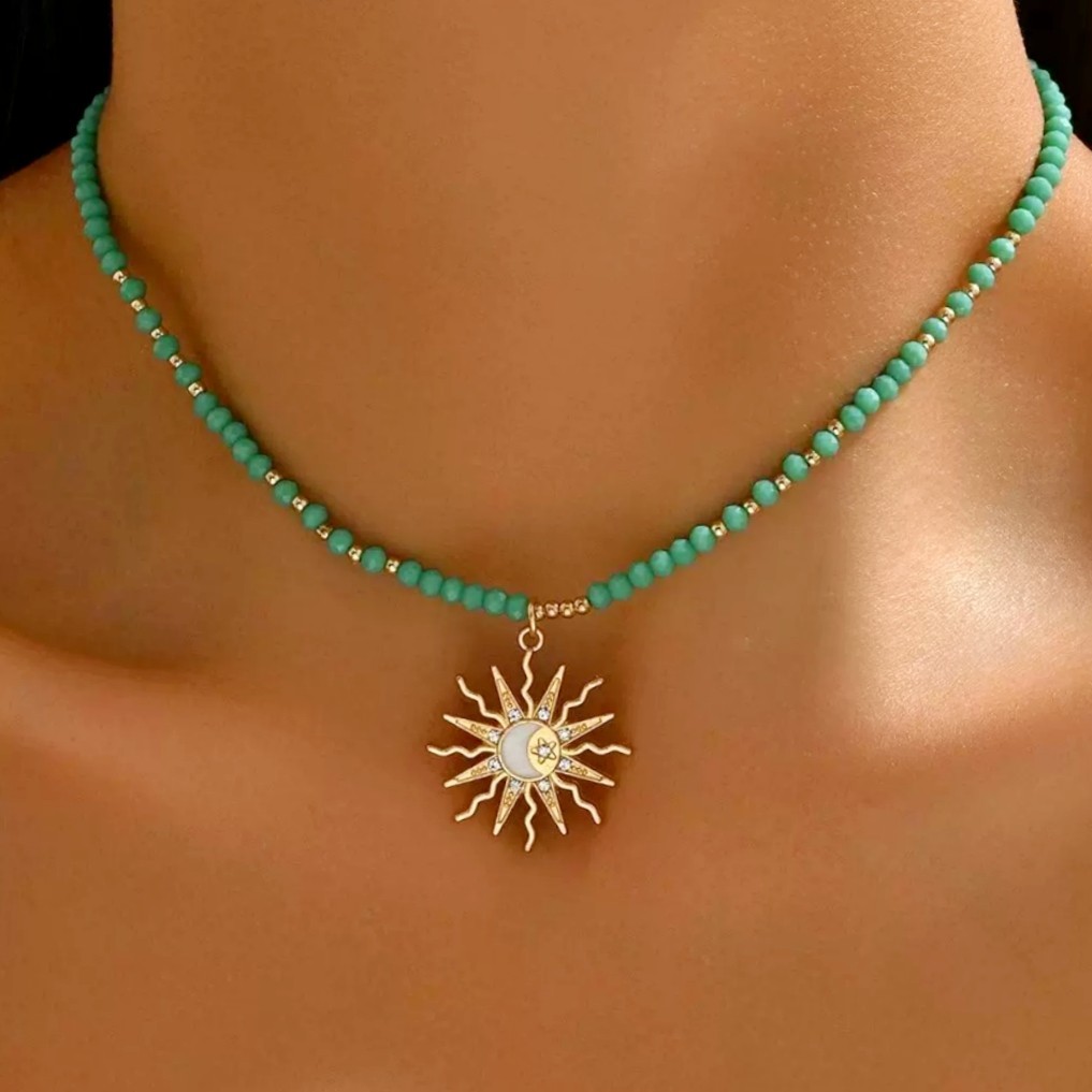 Boho Turquoise Beaded Sun & Moon CZ Gilded Charm Adjustable Necklace Choker