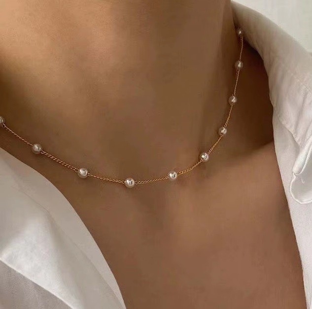 Gold Tone Faux Pearl Choker Necklace Minimalist Beaded Chain 50cm New