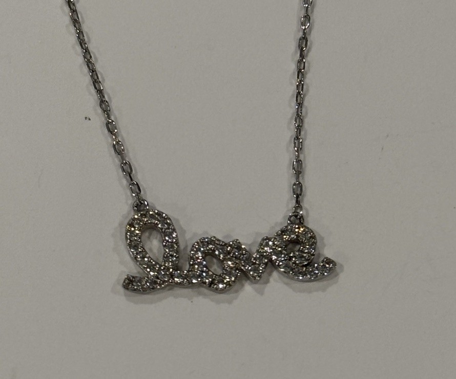WORD “LOVE” NECKLACE PENDANT LAB CREATED DIAMONDS 925 STERLING SILVER 16”
