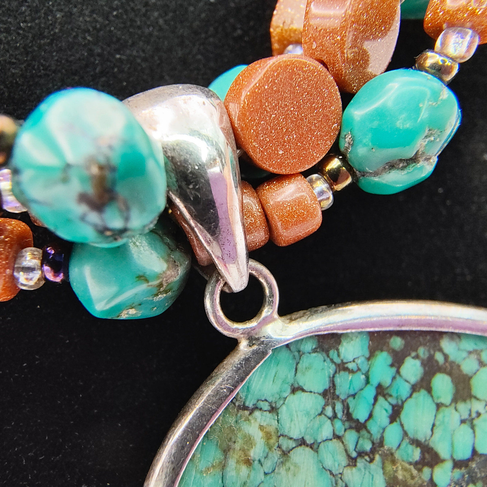 Faux Turquoise Pendant Necklace 925 Sterling Glitter Copper Color Bead Boho