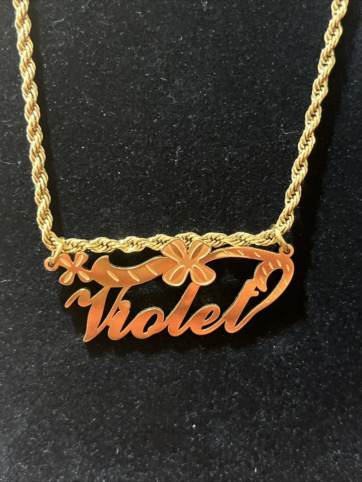 Violet Gold tone Name Plate Necklace Chain Engraved Stain Steel Adjustable