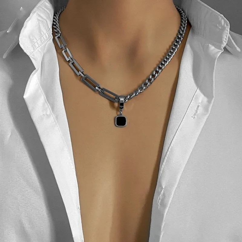 316L Stainless Steel Two Tone Chain Necklace for Men Black Square Tag