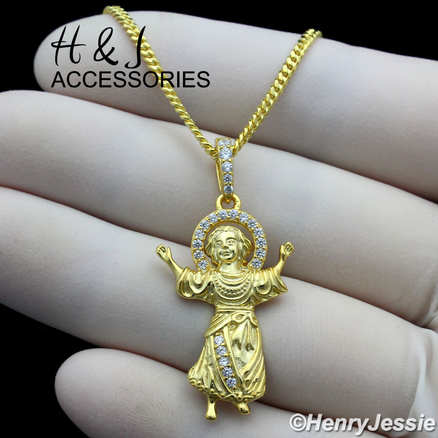 925 STERLING SILVER 16-24″X2MM GOLD PLATED CUBAN CHAIN CZ BABY JESUS PENDANT*244