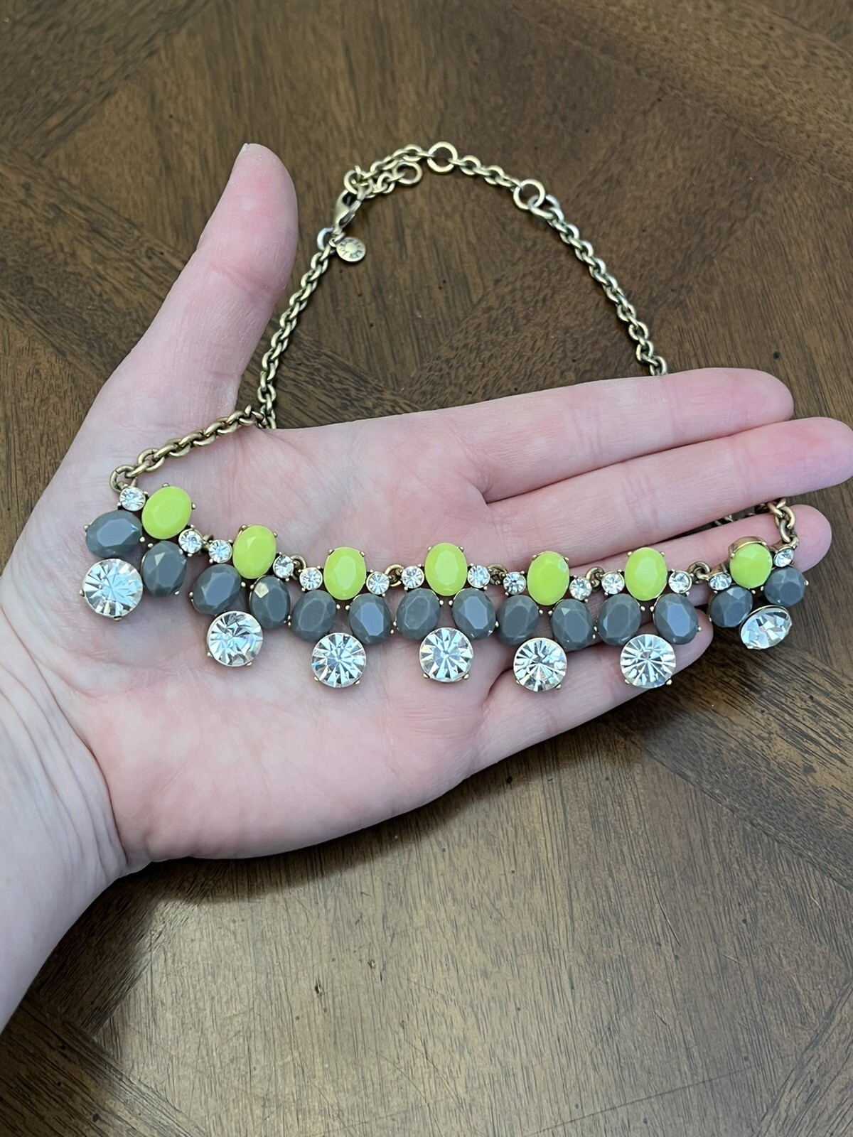 J. Crew Lime Green & Gray Rhinestone Fashion Statement Necklace Gold Tone Nice!