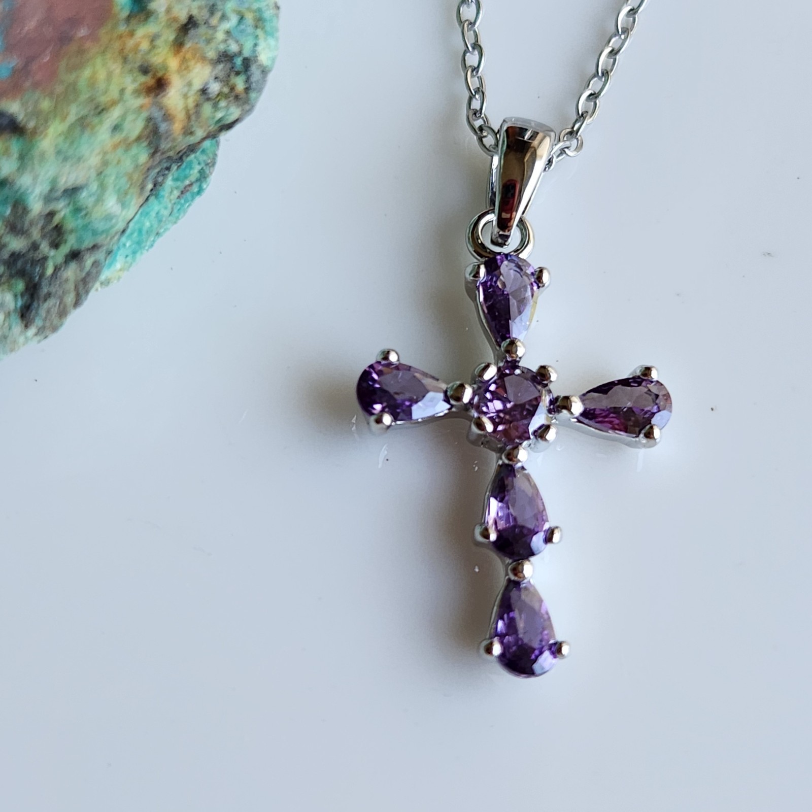 14k White Gold-Plated Pear Purple Amethyst CROSS 1” Pendant free chain