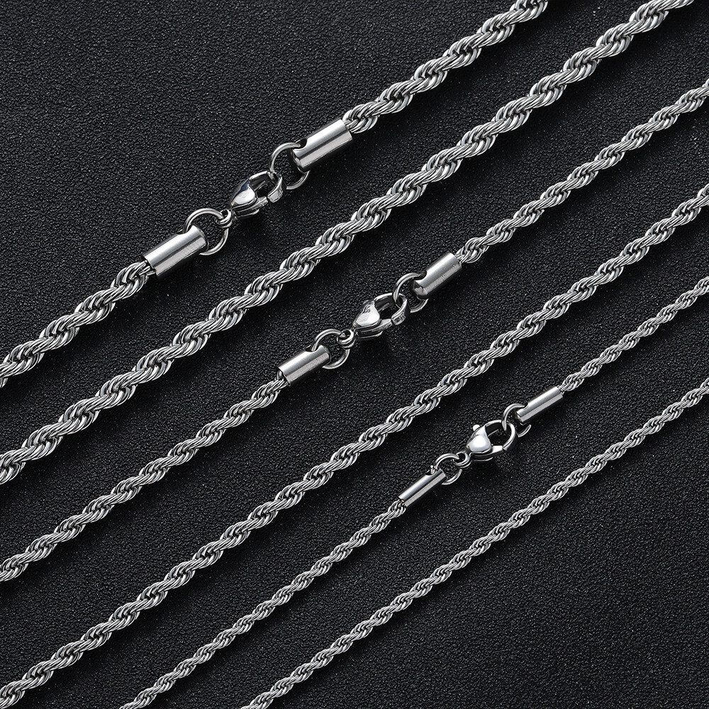 Silver Rope Chain Necklace Stainless Steel Men Women 2/2.5/3/4/5/6/7mm