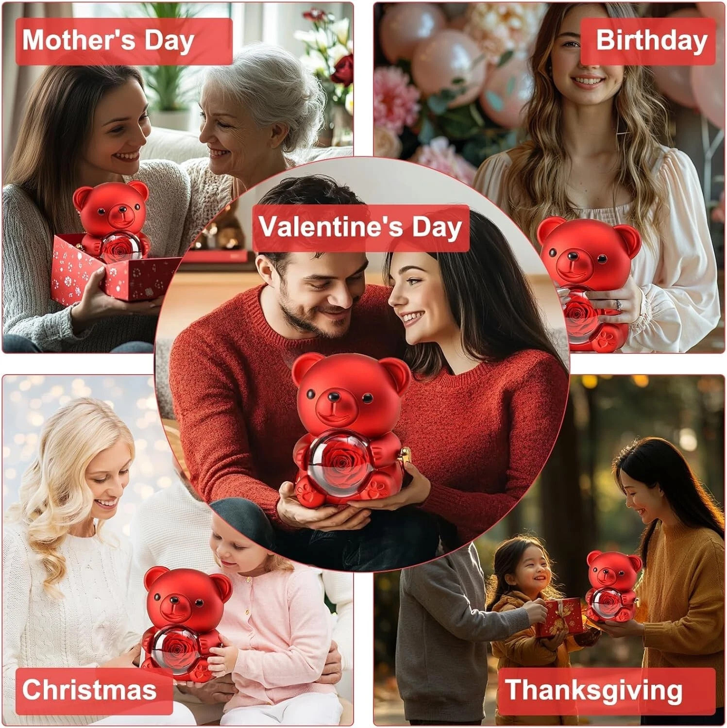 Romantic Hug Teddy Bear with Necklace, Preserved Red Rose, Gift Box for Women