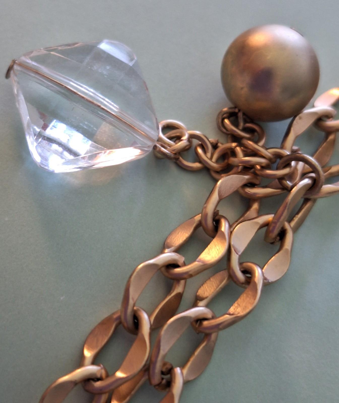 CHICO’S 18 INCH LONG GOLD COLORED BALLS AND COLORLESS STONE STATEMENT NECKLACE