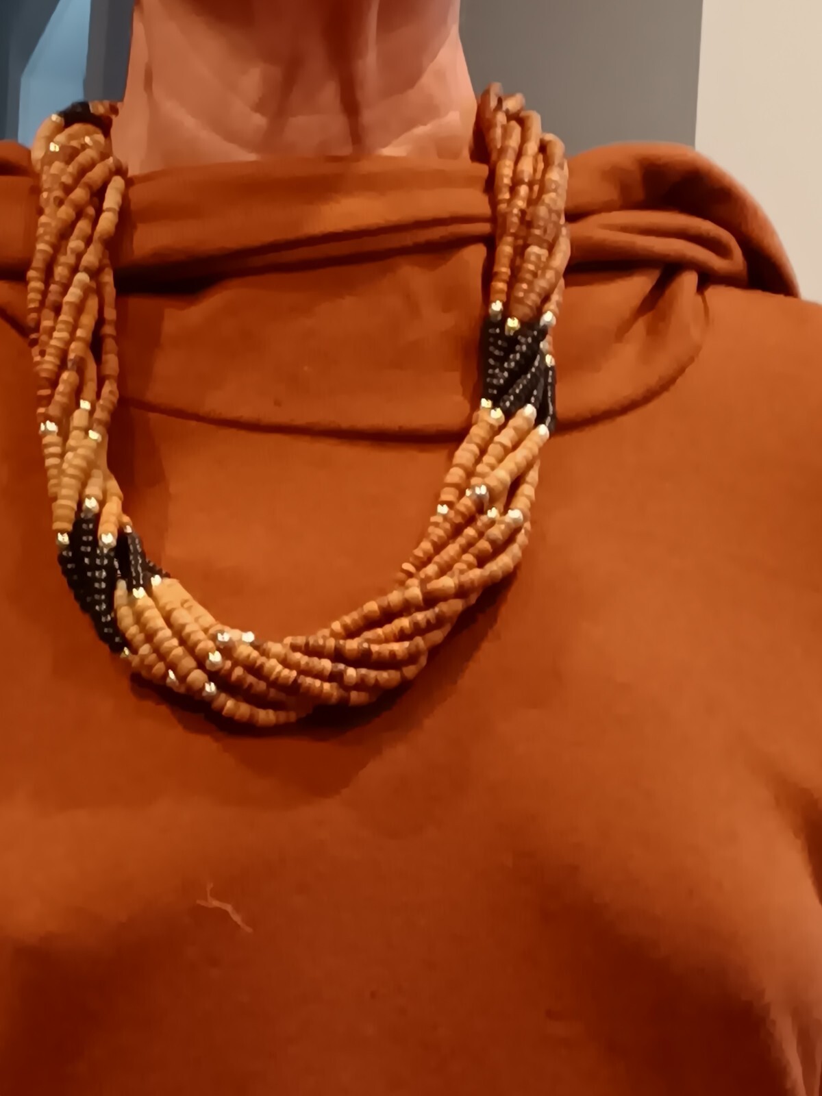 VTG Wooden Beaded Necklace Tribal Inspired Jewelry 8 Strand With Metal Accents.