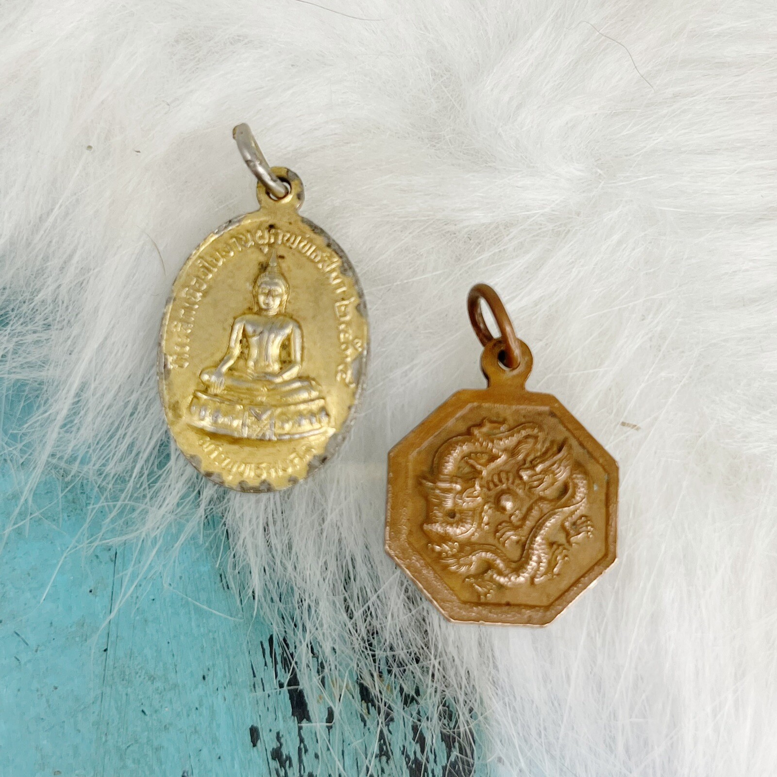 Vintage Lot of 2 Buddha Medals Pendants Gold Plate Copper HEALTH HAPPY LUCKY