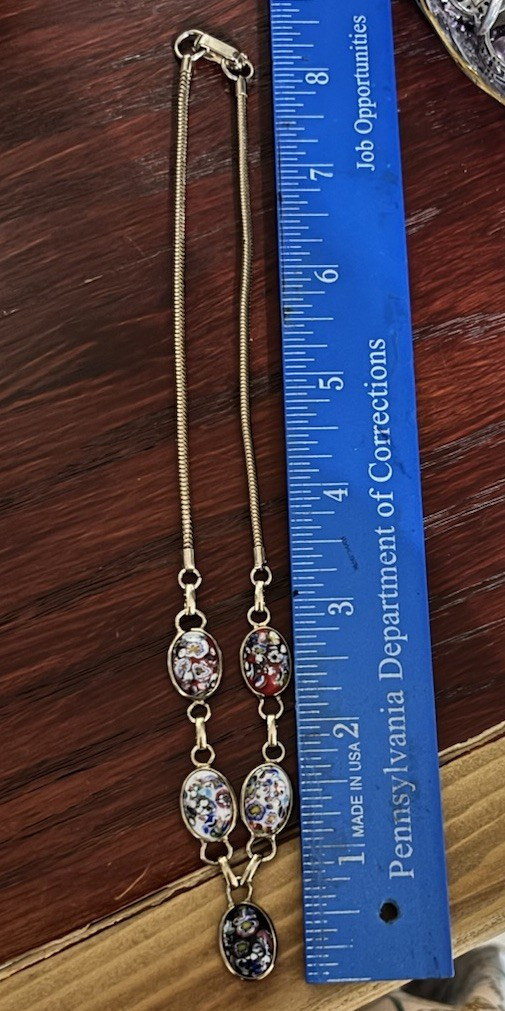Vintage gold tone millefiore glass cabochon link necklace