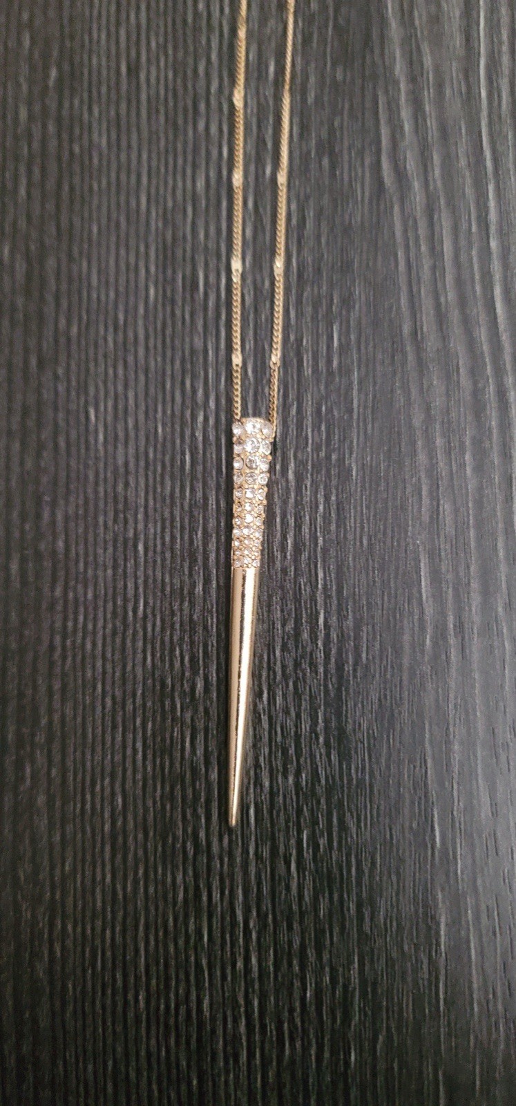 Gold Tone Spike Bar Pendant Necklace Clear Crystal Pavé Cable Chain Lobster