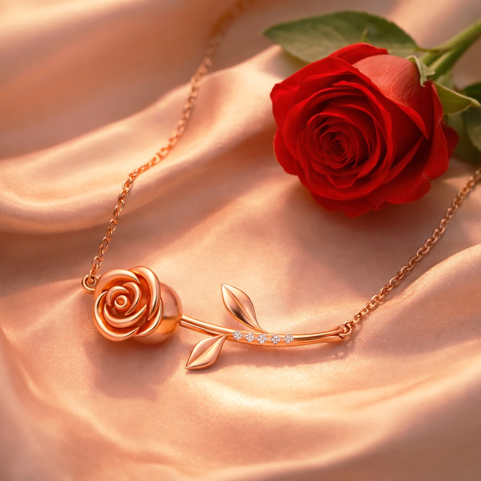 Rose Gold Rose Flower Necklace CZ Accent Elegant Women Gift