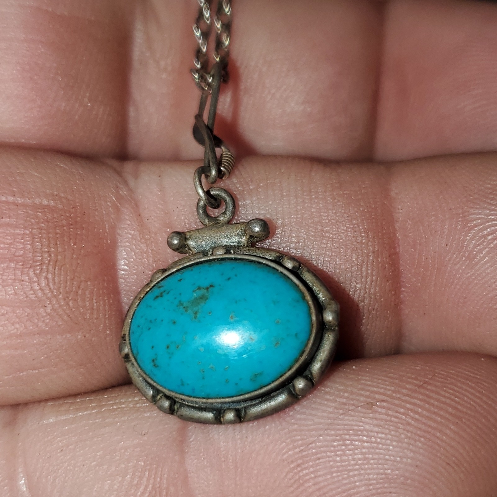 Sterling Silver Signed Oval Turquoise Bezel Pendant Rope Chain, Spring Ring