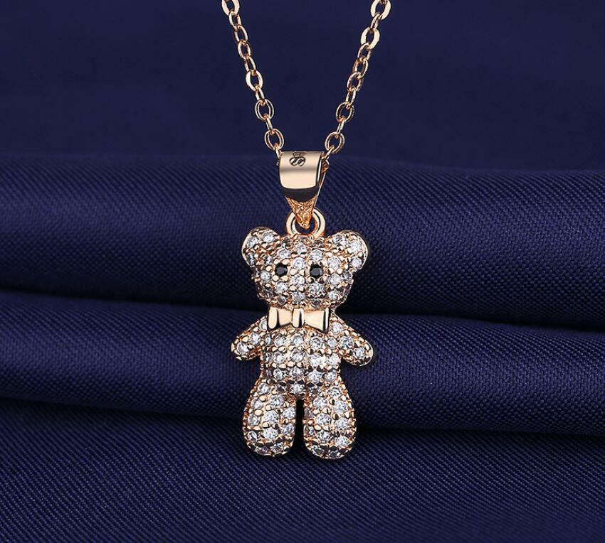 Elegant Teddy Bear Rose Gold Pave Cubic Zirconia Pendant Chain Necklace