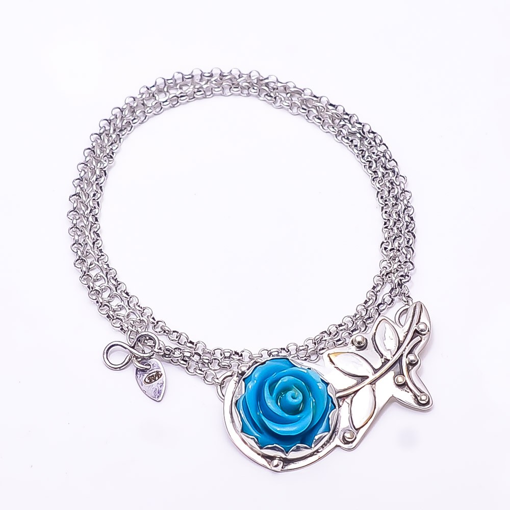 Carved Sleeping Beauty Turquoise Flower 925 Silver Chain Pandent 17.99″ CP440246