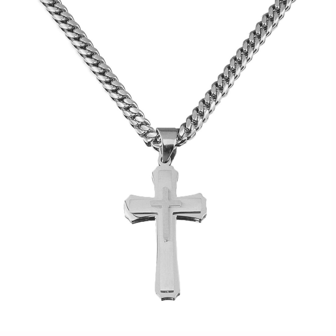 Men’s Stainless Steel Cross Necklace Cuban Chain Pendant Gold Silver Black 24
