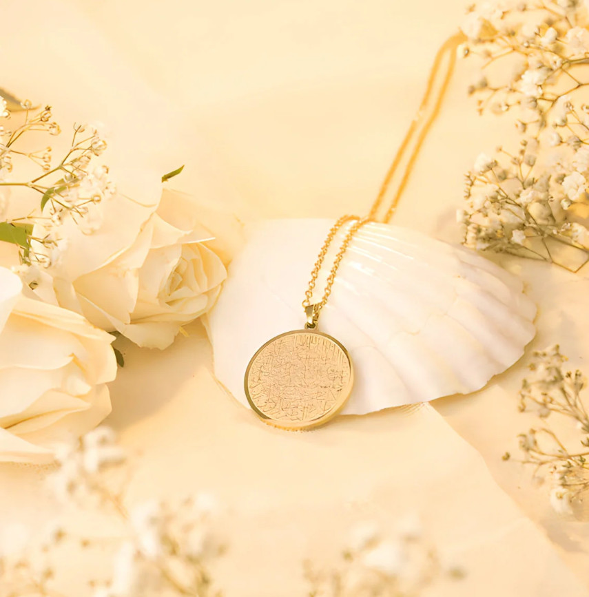 18K Gold Plated Ayatul Kursi Round Pendant Necklace Islamic Jewelry 20″