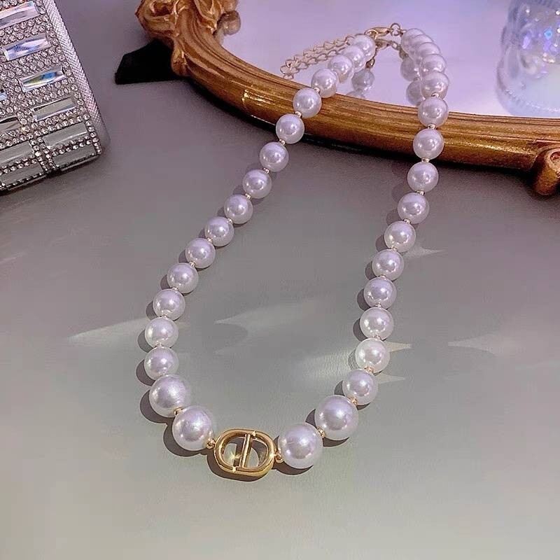 Necklace Earrings Bracelet Faux Pearl Silver Gold Chain Woman CD Pendant Strand