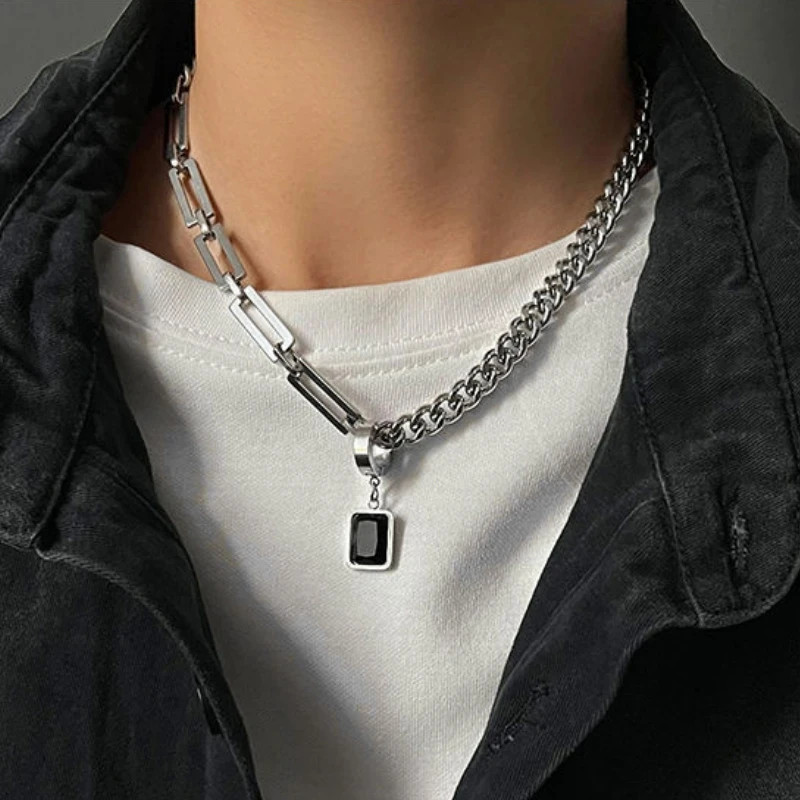 316L Stainless Steel Two Tone Chain Necklace for Men Black Square Tag