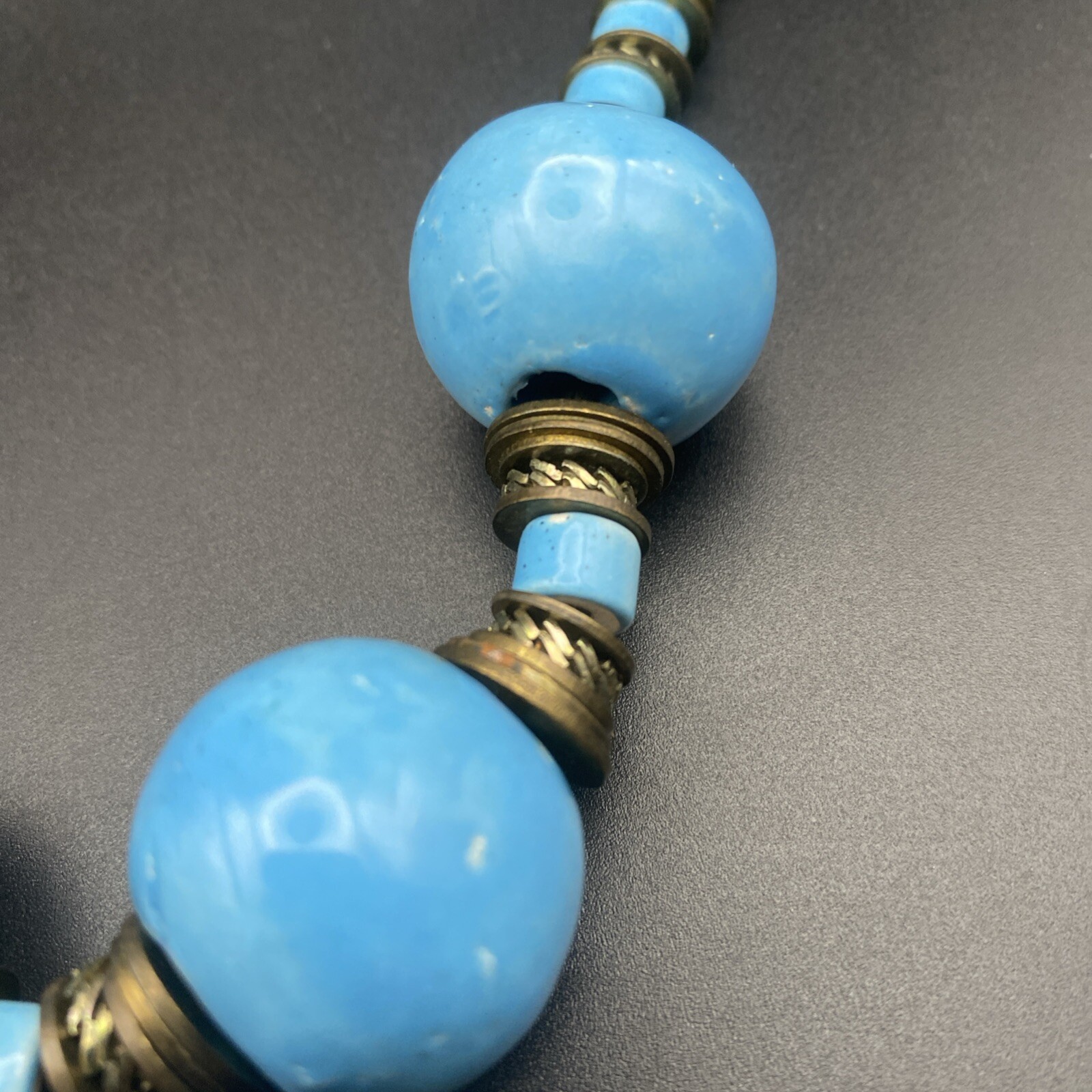 Chunky Necklace 18″ Choker Blue Turquoise Ceramic Beads Metal Disc Boho Western