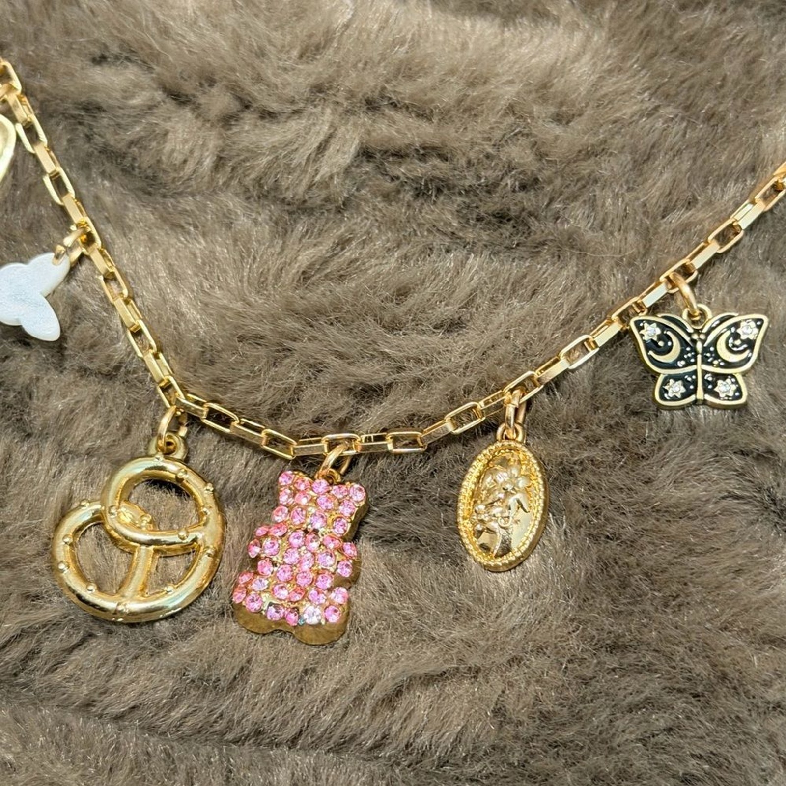 Gold Charm Necklace with Pink and White Accents