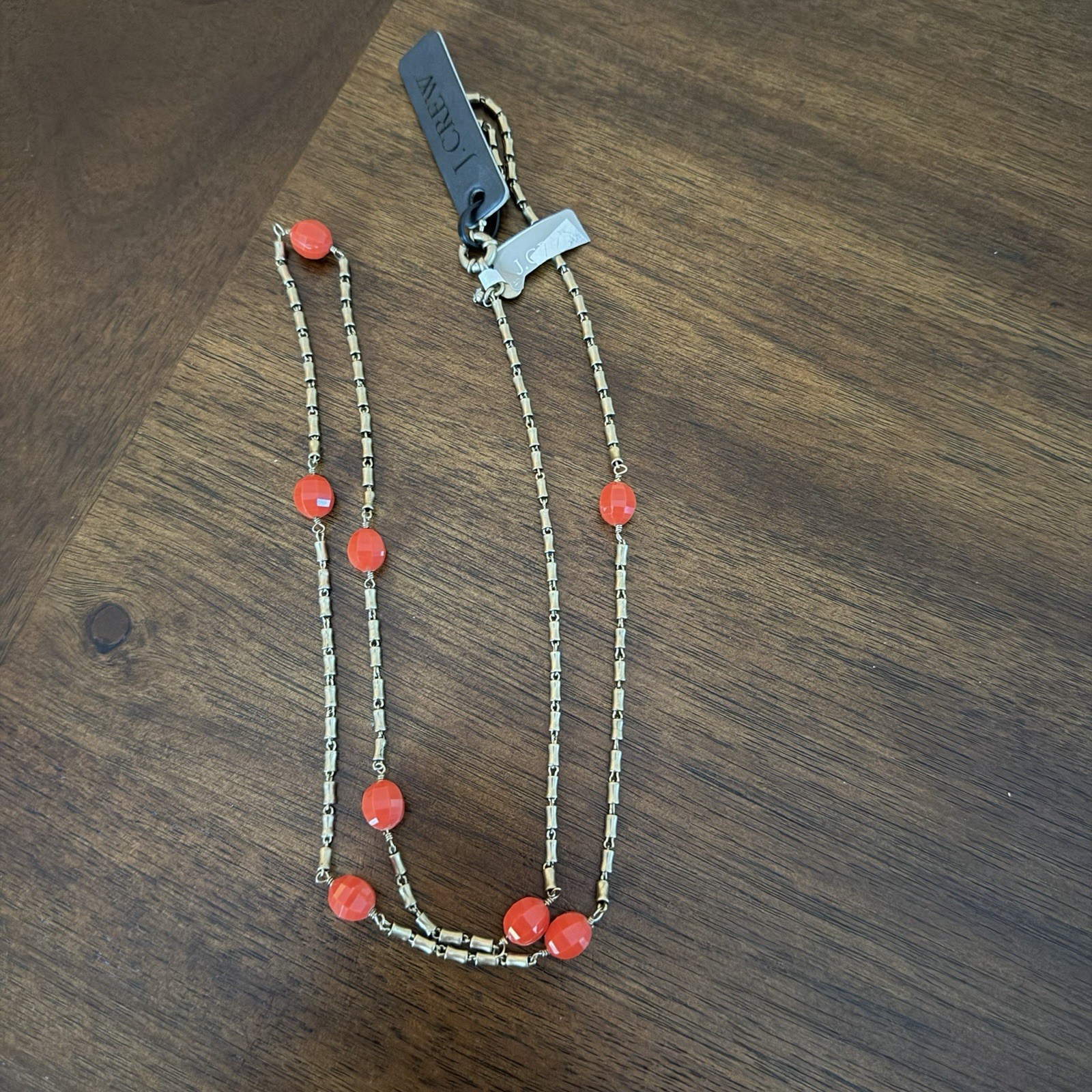 J.Crew Coral Beaded Station Necklace Gold Tone Long Chain One Size