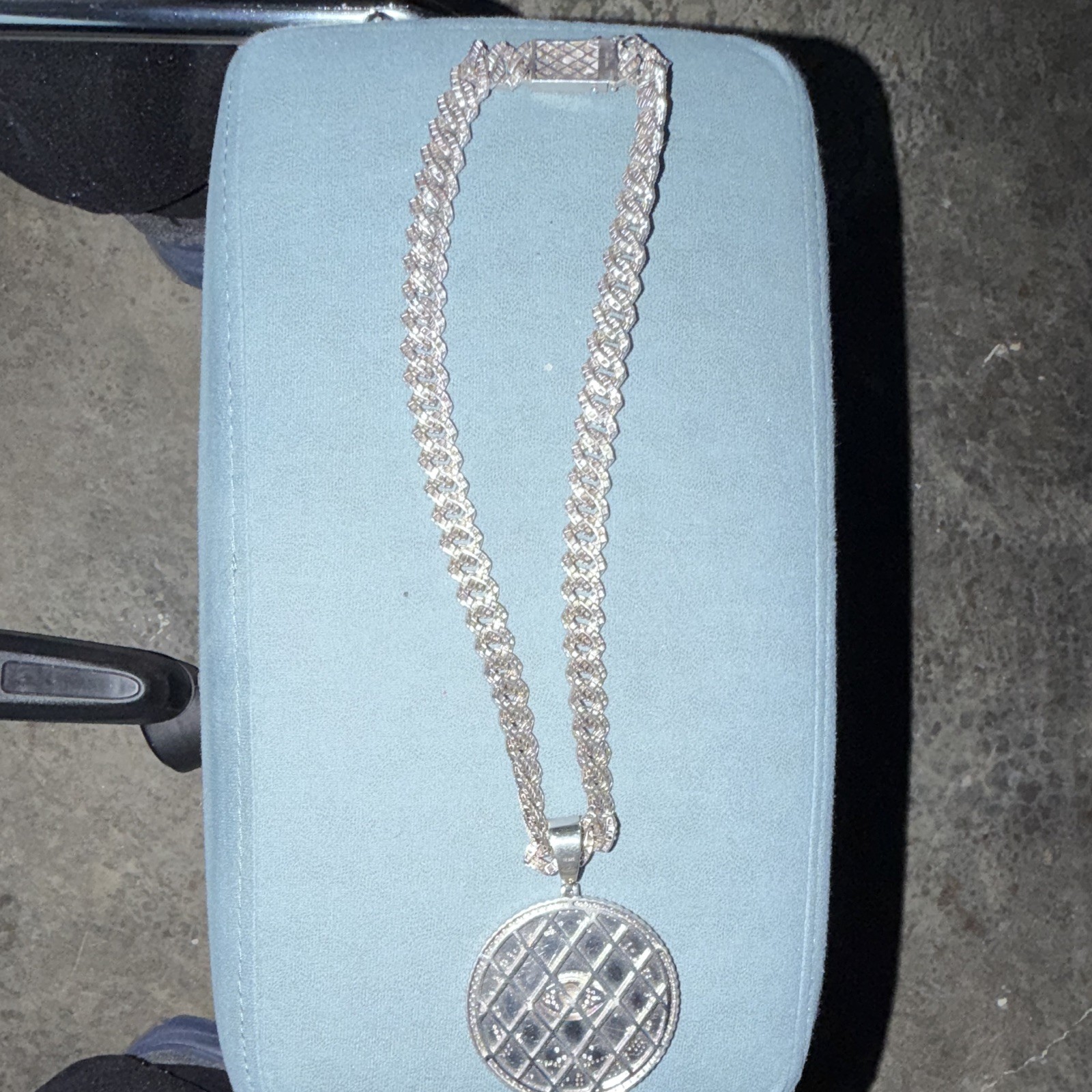 Silver Cuban Link Chain Necklace with Box Closure, Round Religious Medal Pendant