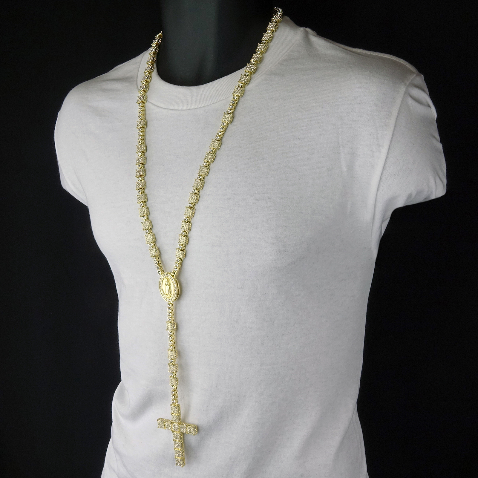 14k Gold Plated Cubic-Zirconia Rosary 3D Cube Cluster Guadalupe Necklace Cross
